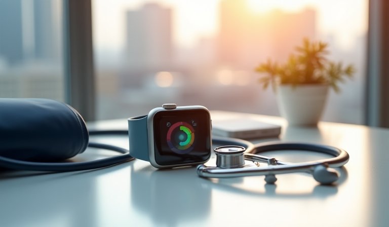 手腕佩戴 Apple Watch 顯示高血壓風險警示通知的介面。