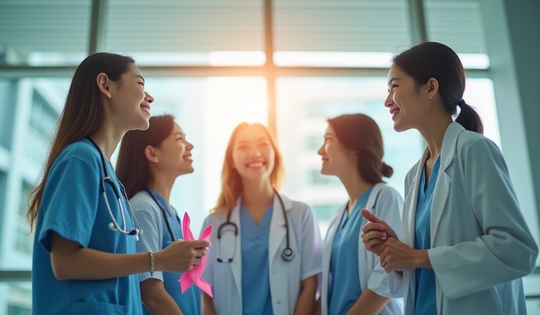 醫師向女性患者解說乳癌篩檢結果與後續治療計畫。