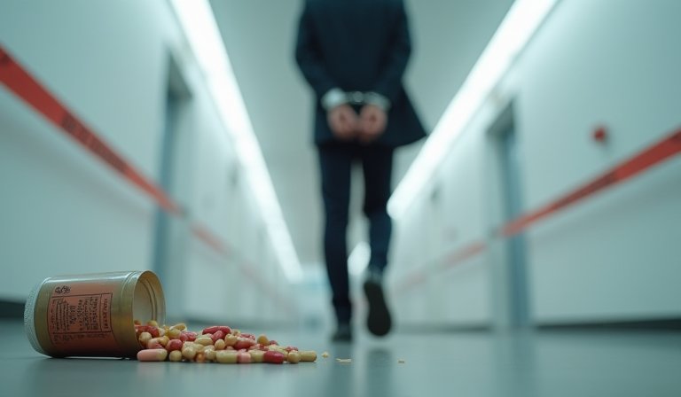廣播主持人於錄音室內，對著麥克風推銷保健食品。