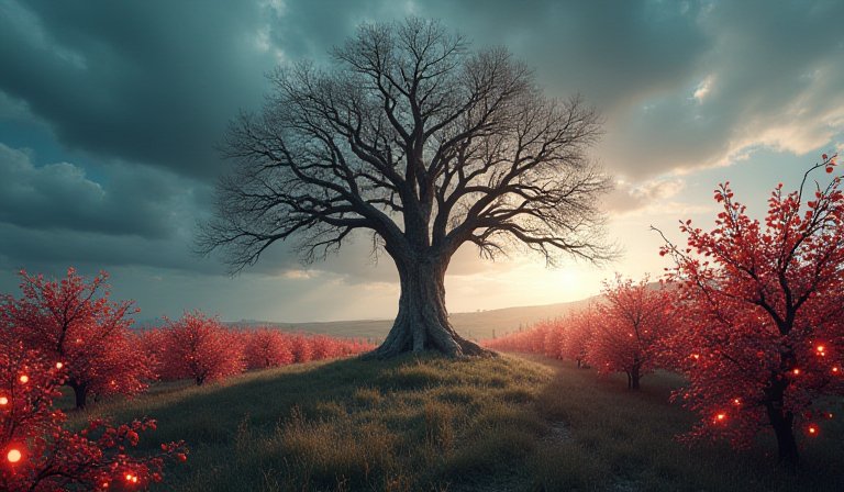 發光的蘋果商標與 AI 運算數據流交織，體現品牌在五十週年面臨的技術挑戰與落後壓力。