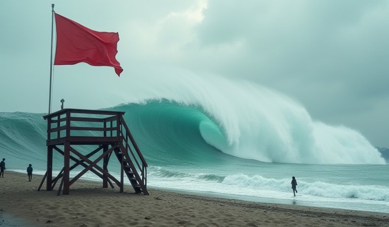 香港大浪灣泳灘懸掛紅旗，海面波濤洶湧且翻起巨大浪花。
