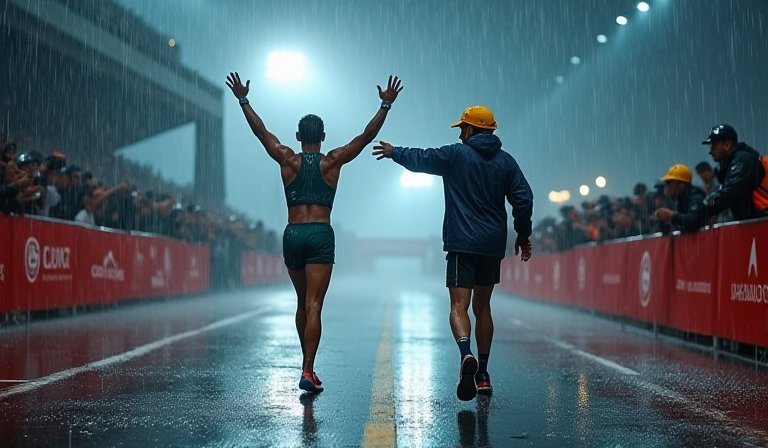 雨中馬拉松賽場，裁判伸手誤攔即將衝過終點線的跑者。