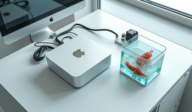 銀色 Mac Mini 搭配專業顯示器，螢幕呈現龍蝦養殖監控數據介面。