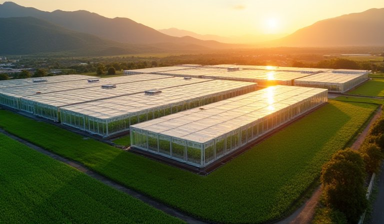 智能大棚內排列整齊的翠綠蔬菜與自動化精準灌溉系統