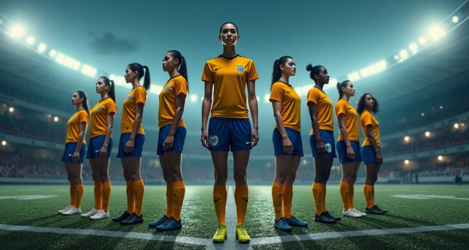 陽光下的女性球員在綠茵場上運球，神情專注且充滿力量。