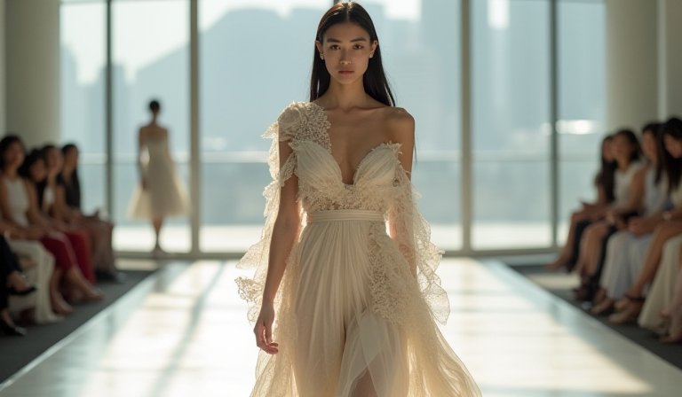 模特兒穿著由回收牛仔褲與二手衣改造的創意環保婚紗。