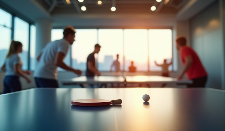 青少年桌球選手在標準賽場內揮拍進行激烈的對抗