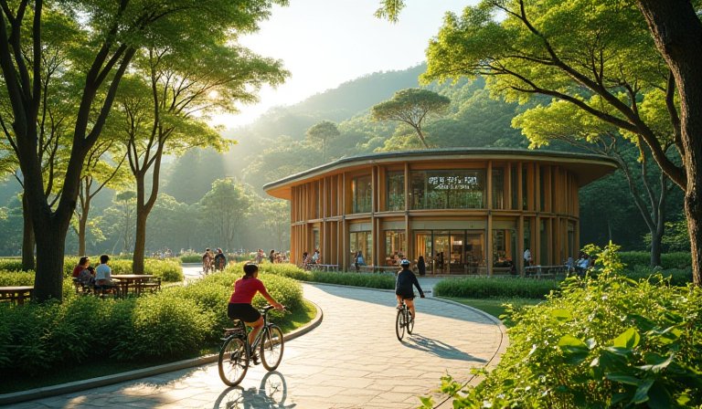 民眾在綠意盎然的東豐綠廊騎單車，造訪全新石岡旅客中心。
