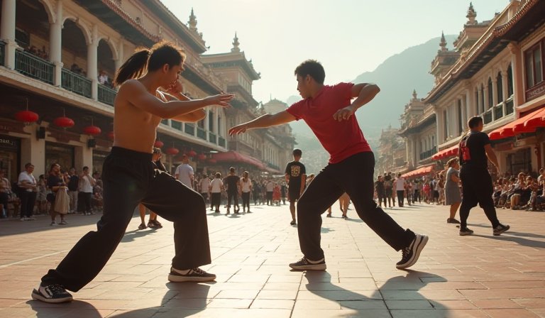 展覽現場陳列融合武術精神與運動動態的巨幅水墨書法。