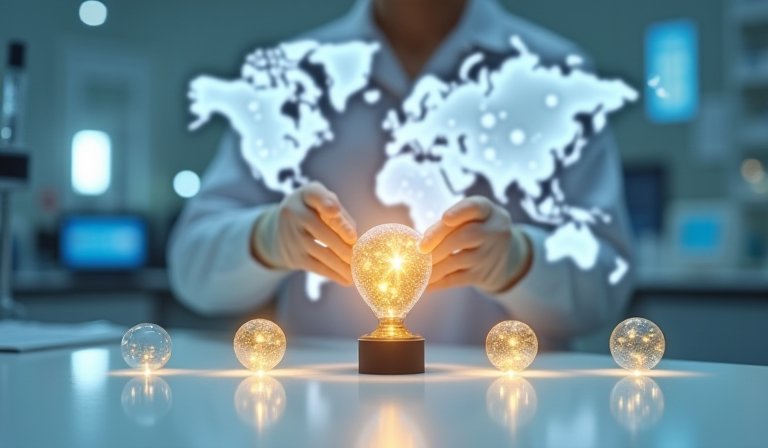 專業研究員操作精密儀器搭配DNA螺旋與生醫趨勢數據