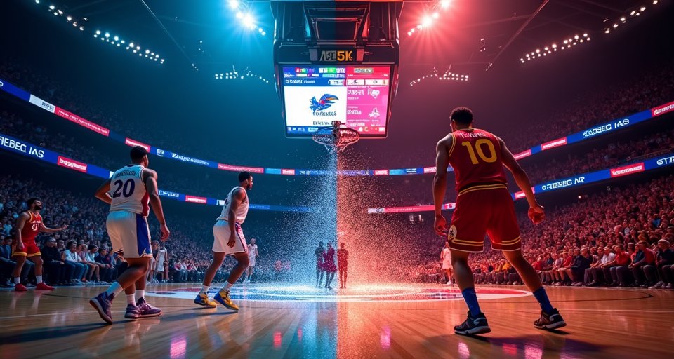 堪薩斯大學前鋒在籃下飛身灌籃，雙方球員激烈對抗。