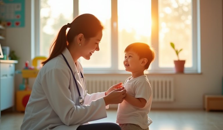 兒科醫師在診間溫柔地為孩童檢查，展現專業醫病互動。