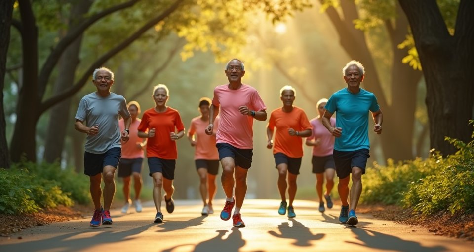 74歲鄭則士展現逆齡活力，在戶外步道上穩健慢跑