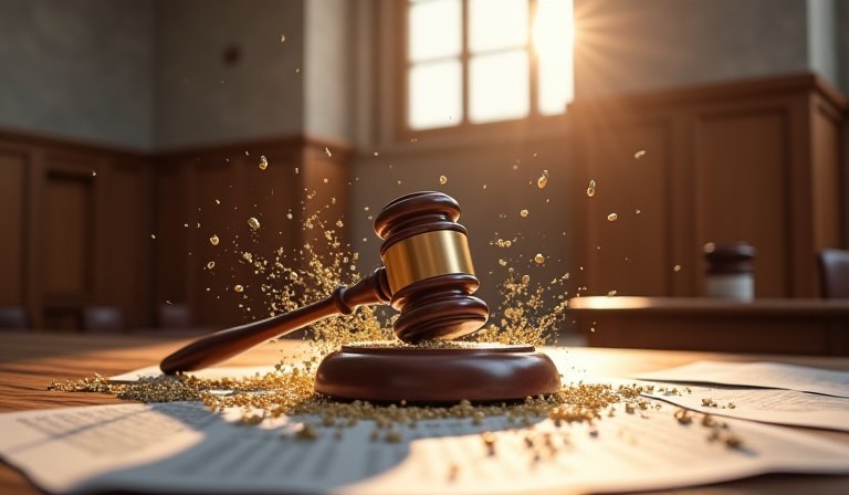 法庭木桌上的法槌與嘔克朗注射劑，象徵專利侵權判決。