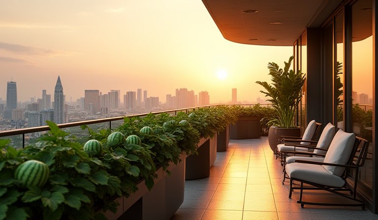 豪宅陽台盆栽中正在生長的小西瓜與居家園藝綠化景觀。