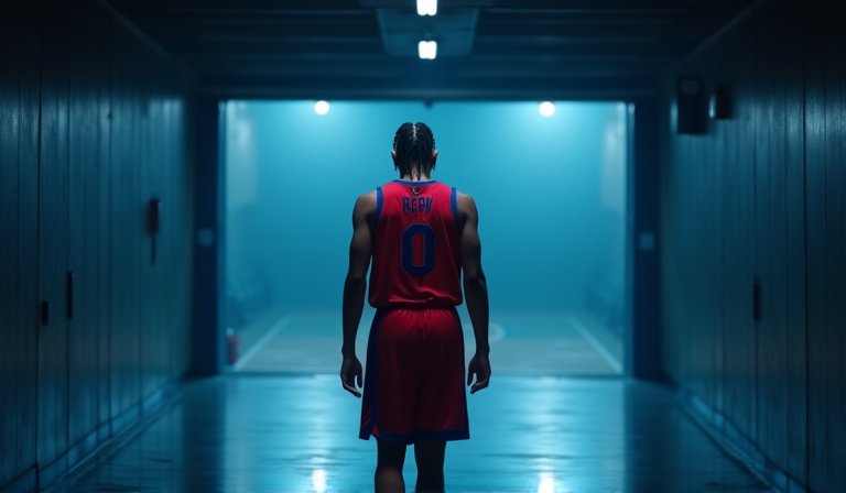 Kawhi Leonard 身穿快艇球衣神情落寞，低頭走出籃球場。