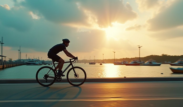 眾多車友在梧棲風車大道騎行，欣賞港區壯闊的海濱風光。