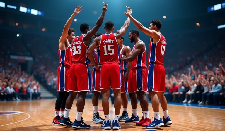 活塞球員於比賽中持球進攻，展現多點開花的團隊默契。