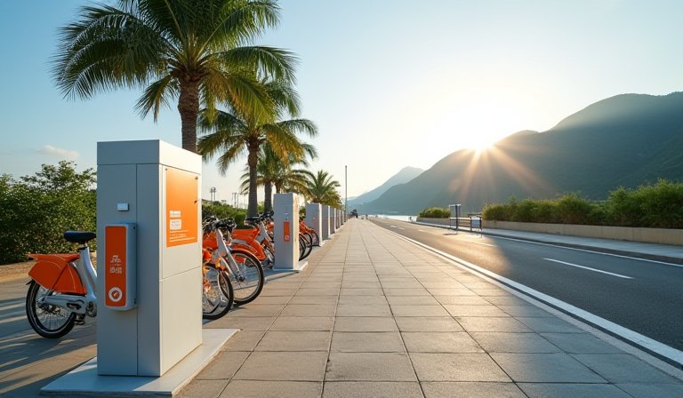花蓮市區街道旁整齊排列的公共自行車與租借站。