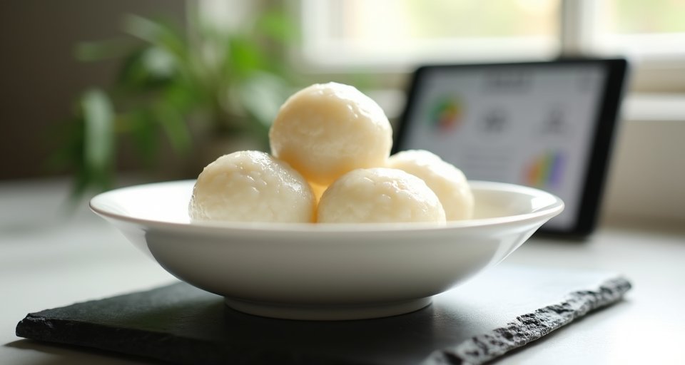 碗中盛裝四顆圓潤飽滿的包餡湯圓，冒著陣陣熱氣。