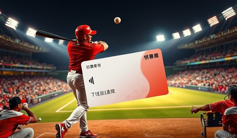 身穿棒球球衣的打者在球場中手持全民健保卡