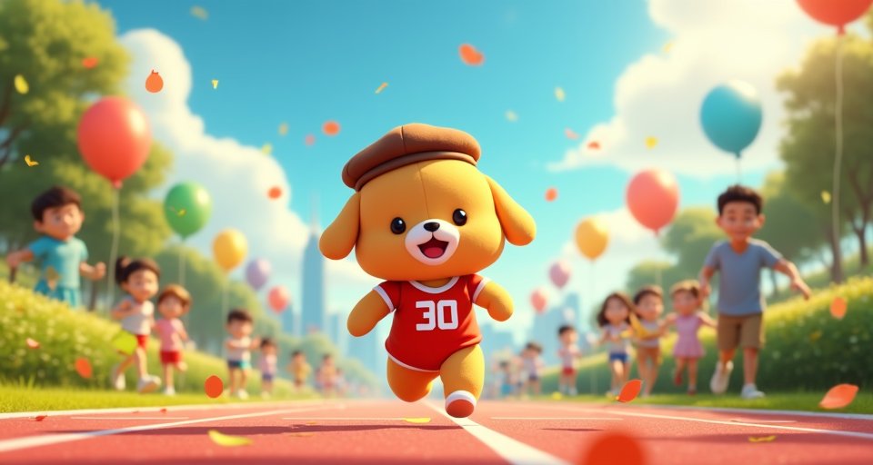 超級英雄布丁狗披著披風在路跑賽道奔跑，慶祝三十週年。