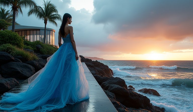 模特兒展示由回收漁網轉化的藍色半透明流線感永續時裝