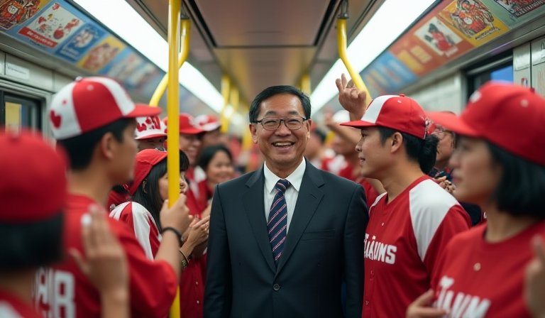 張善政市長與球迷在樂天桃猿主題車廂內熱情揮手應援。