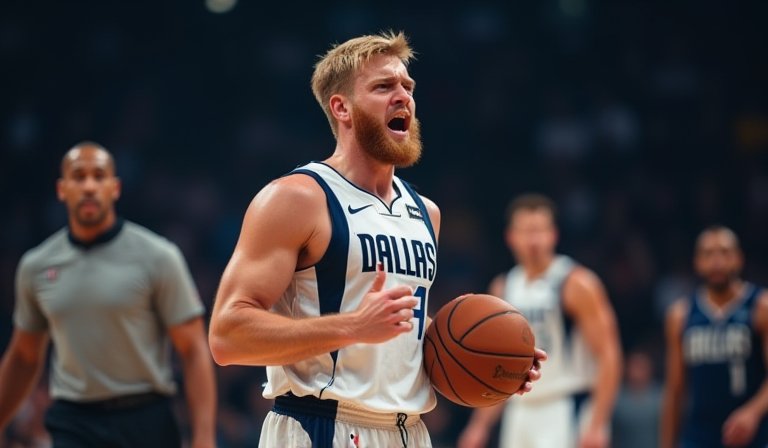 東契奇與對手在籃下發生推擠衝突，裁判介入維持秩序。