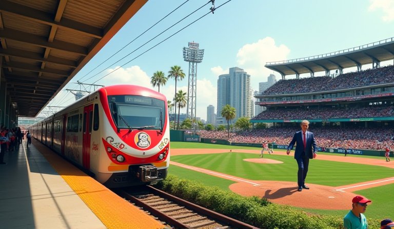 桃園捷運應猿彩繪列車停靠月台，紅白車身印有球隊標誌。
