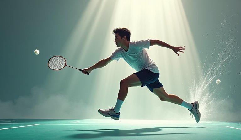 林俊易在羽球場上專注揮拍，展現全英賽奪冠的奮力姿態。