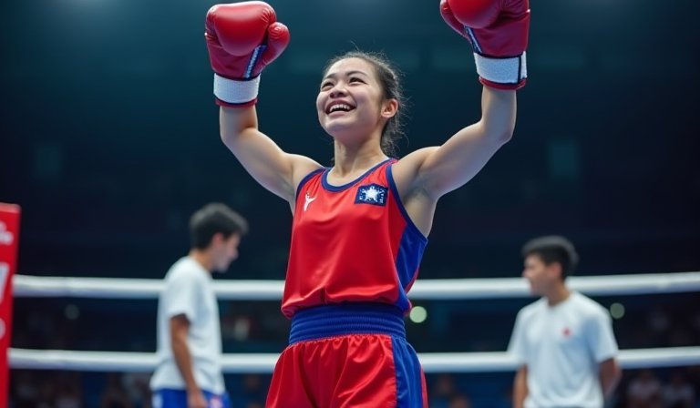 林郁婷在拳擊賽場揮出精準直拳，展現強大技術壓制力。