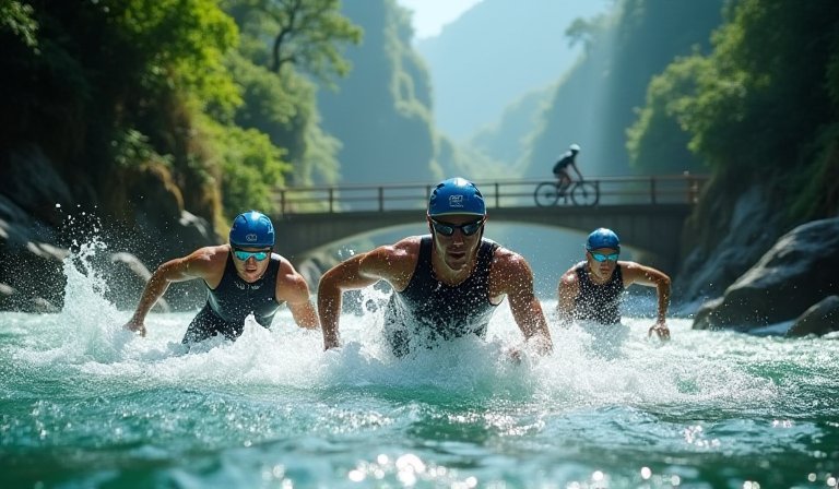 選手在秀姑巒溪激流中奮力泛舟，挑戰鐵人三項競賽項目。