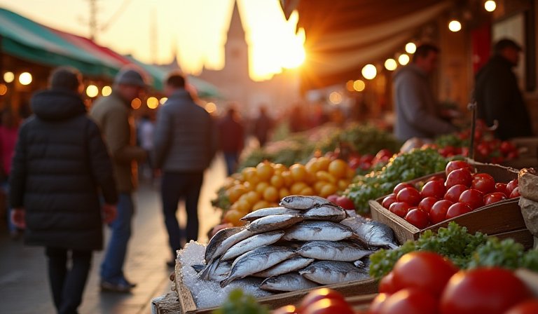 市場攤位陳列新鮮魚類與蔬菜，吸引節前採買人潮。