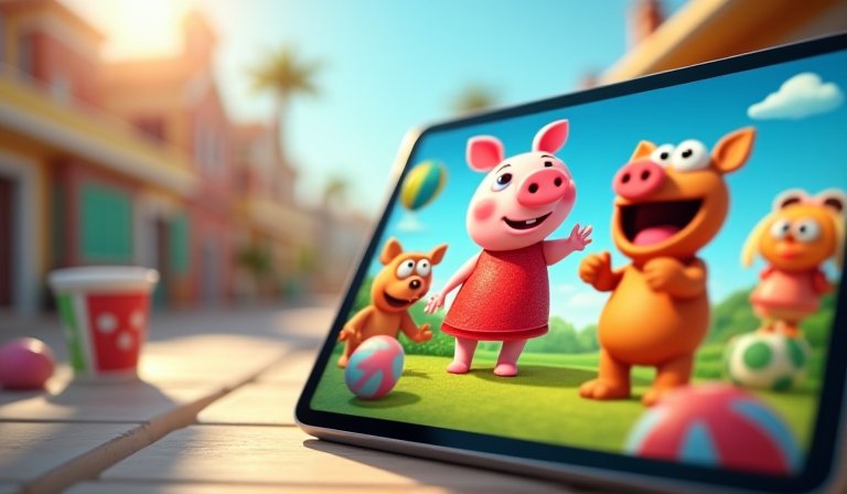 幼童使用平板操作佩佩豬與芝麻街角色的數位互動遊戲