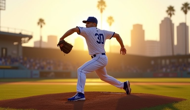 身穿洛杉磯道奇隊球衣的右投手卡森斯在投手丘準備投球