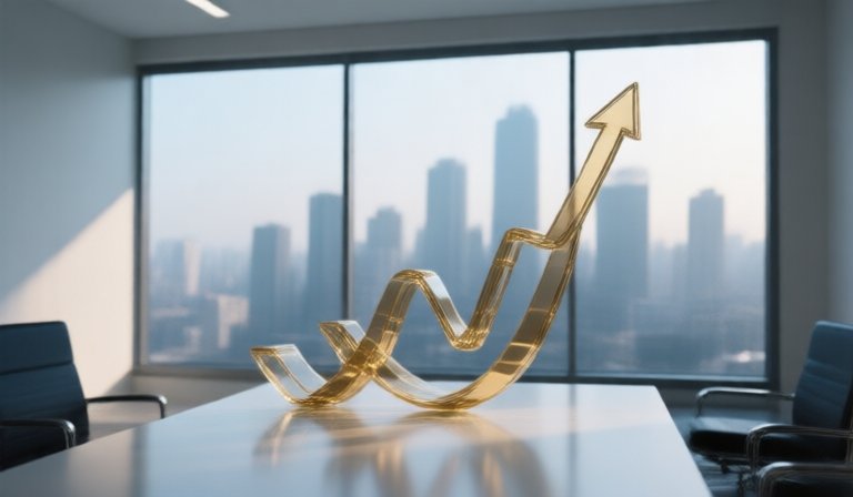 高質感合成皮革捲與呈現業績穩健成長的數據圖表