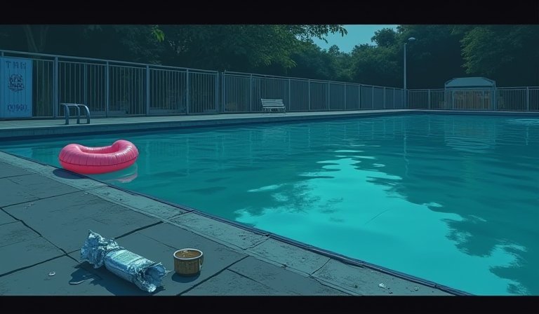 男子在游泳池畔持槍瞄準教練與年幼孩童。