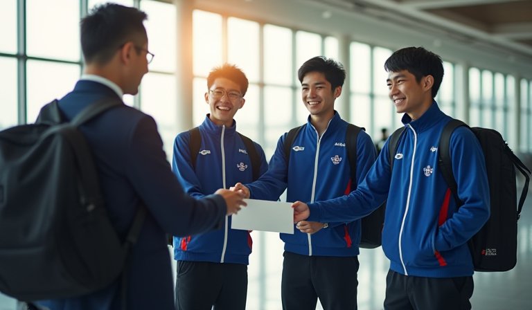 台灣桌球男團於桃機手持世錦賽銅牌與獎勵金看板合影