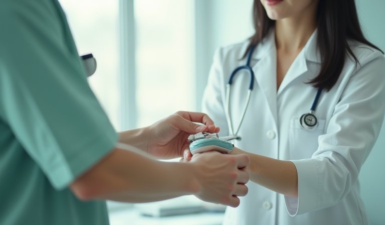 醫護人員在健康哈伯站內為民眾進行血壓測量與諮詢。