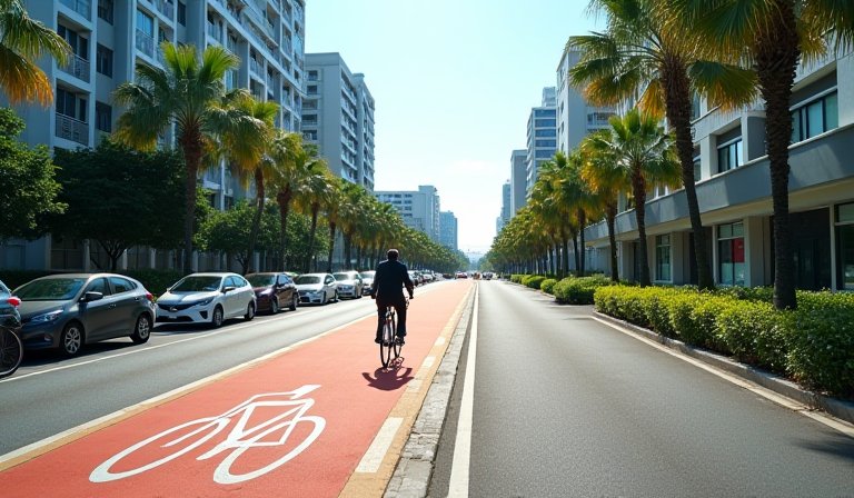 楠梓援中路利用停車帶保護自行車道，區隔汽機車流。