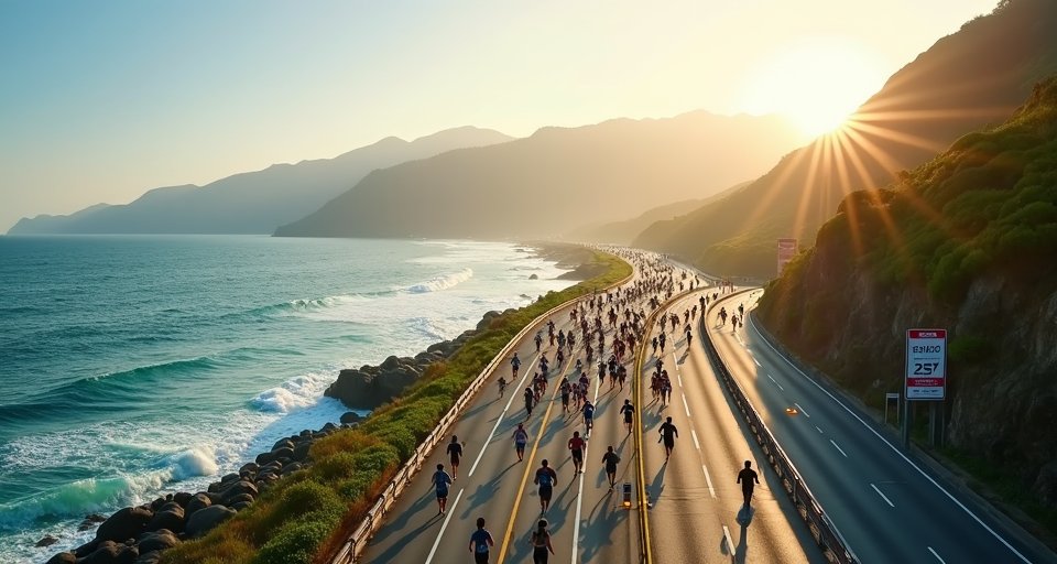 選手在花蓮台11線海岸奔跑，路側設有交通管制設施。