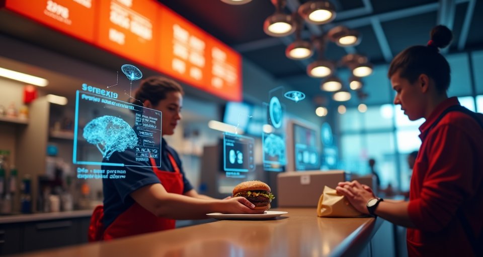 漢堡店員透過數位面板查看 AI 指令，系統同時進行監控。