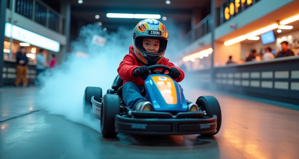 5歲男童在內湖賽車咖啡廳賽道，駕駛卡丁車練習甩尾。