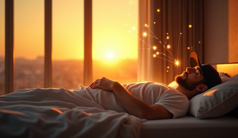 健身者在床上安穩入睡，藉由充足睡眠促進肌肉合成。