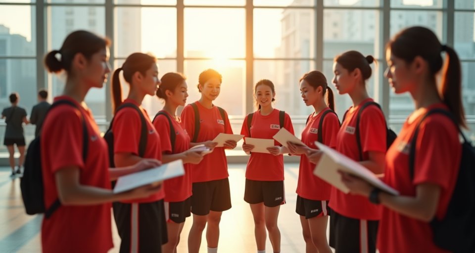 穿著運動服的青少年選手在羽球場上奮力揮拍擊球。