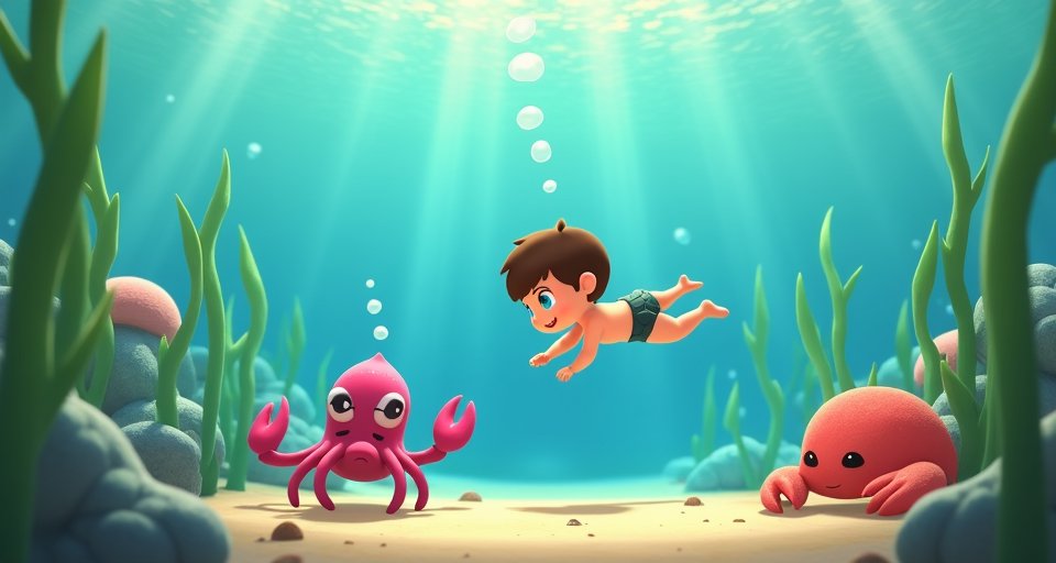 遊戲角色穿著橫條紋潛水衣從碼頭跳入蔚藍大海。