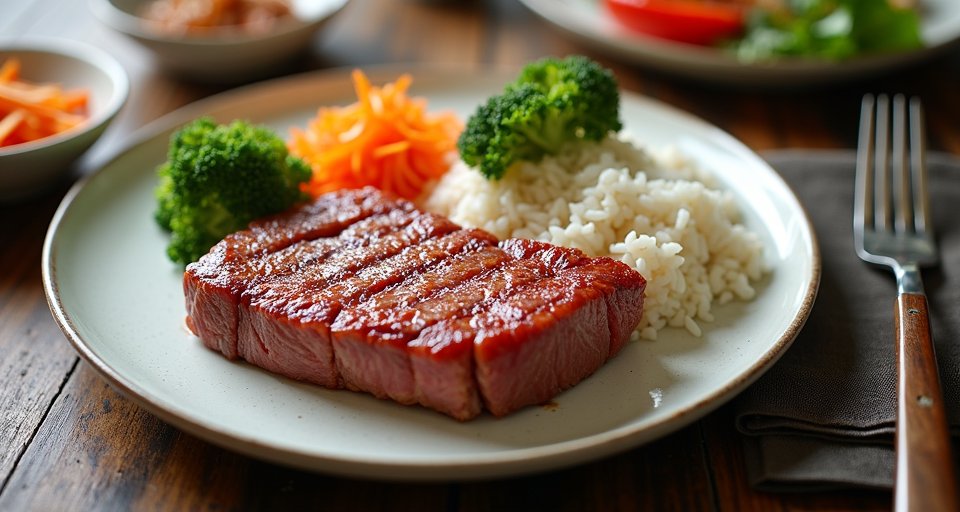 倒金字塔圖表將肉類置於中心，底部穀物比例明顯壓縮。