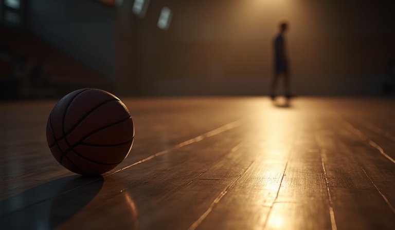 LeBron James 在賽場神情凝重，身後計分板顯示湖人隊下半場遭雷霆逆轉的頹勢。