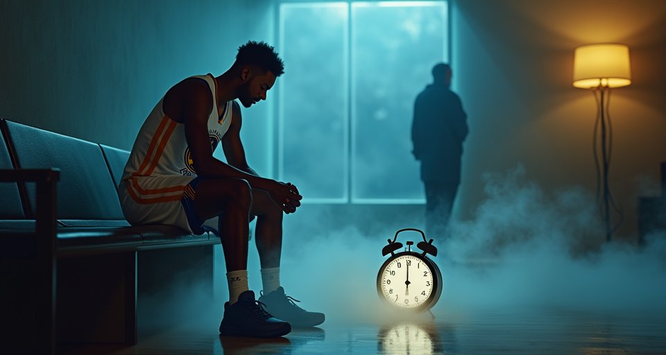 波辛傑斯身穿勇士球衣低頭坐在場邊，流露疲憊與不適感。